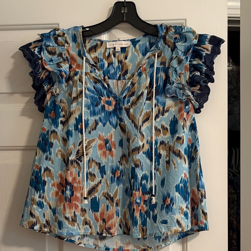 House of Harlow 1960 Blue Floral Ruffle Sleeve Blouse
